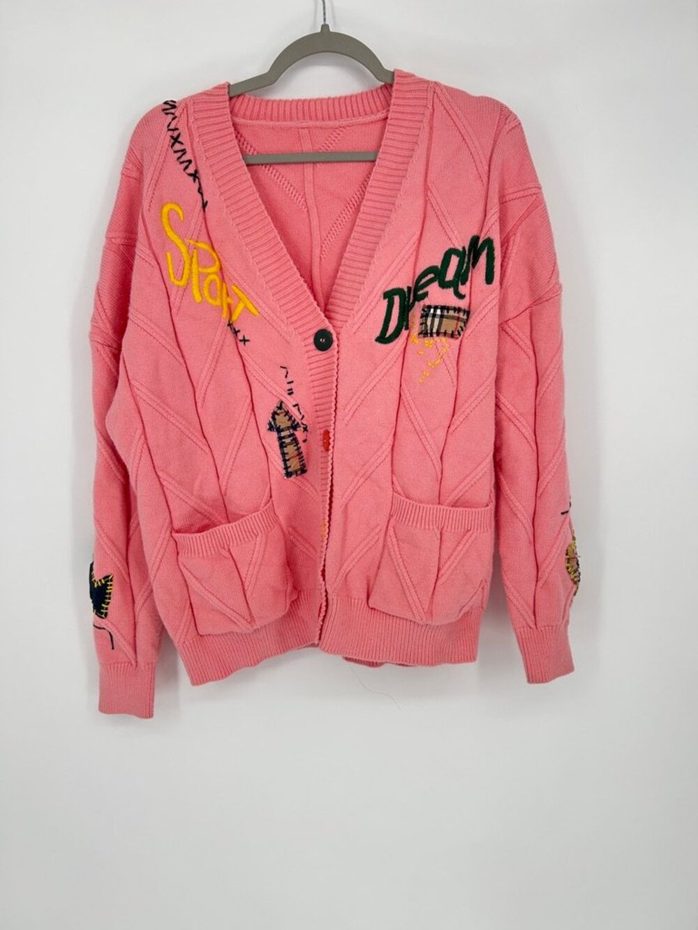 EBOSSY Pink Cable Knit Sport Dream Cardigan XXL Y2K Graffiti Varsity Streetwear